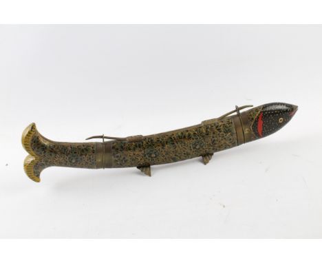 A KASHMIR 19TH CENTURY CARVING KNIFE AND FORK IN FORM OF FISH