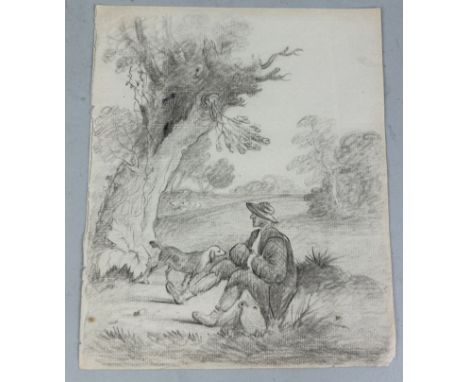 CIRCLE OF THOMAS GAINSBOROUGH R.A. (1727-1788): A PENCIL DRAWING ON PAPER DEPICTING A SEATED FIGURE WITH A DOG23cm x 19cm