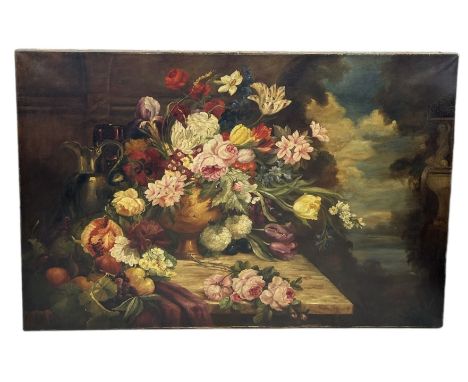 A LARGE DUTCH OLD MASTER STYLE OIL PAINTING ON CANVAS DEPICTING A STILL LIFE WITH FLOWERS ON A MARBLE TABLE123cm x 82cm