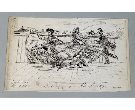 ATTRIBUTED TO JOHN LEECH (BRITISH 1817-1864): AN INK DRAWING TITLED 'A BREEZE ON THE BRIDGE'Dated 1856 to bottom left.19cm x 