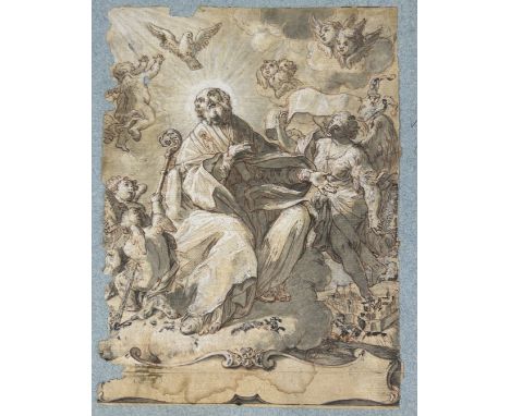 18TH CENTURY VENETIAN SCHOOL: A PEN AND INK DRAWING HEIGHTENED WITH WHITE DEPICTING A RELIGIOUS SCENE WITH PUTTI20.5cm x 15cm