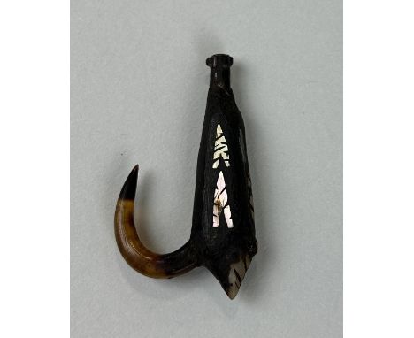 AN 19TH CENTURY TRIBAL FISHING HOOK INLAID WITH MOTHER OF PEARL, PROBABLY SOUTH SEA ISLANDS6cm x 3.5cmCollected by Captain Ja