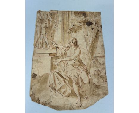 CIRCLE OF PIER FRANCESCO MOLA (ITALIAN 1612-1666): AN ITALIAN OLD MASTER DRAWING, RED CHALK WITH BROWN INK DEPICTING A SEATED