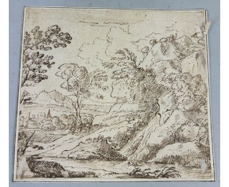 CIRCLE OF GIOVANNI FRANCESCO GRIMALDI (ITALIAN 1606-1680): A BROWN INK LANDSCAPE DRAWING ON PAPERAttributed in pencil to vers