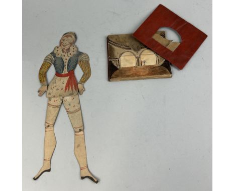 AN VICTORIAN HAND PAINTED 'PEEP SHOW' THEATRE ALONG WITH AN ARTICULATED PAINTED FIGURE (2)Peep show 14.5cm x 12cmOne leg of t