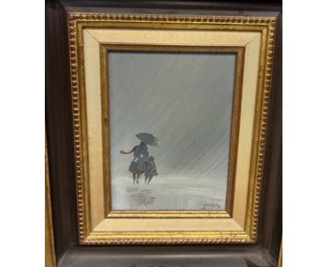 AN OIL PAINTING ON BOARD DEPICTING FIGURES HOLDING AN UMBRELLA IN THE RAINSigned indistinctly bottom right.23cm x 16cmFramed 