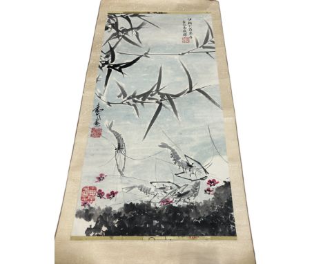 A CHINESE PAINTING ON SCROLL DEPICTING LOBSTERS OR SHRIMPS IN A POOL OF WATERPainting 70cm x 35cmScroll 85cm x 42.5cm