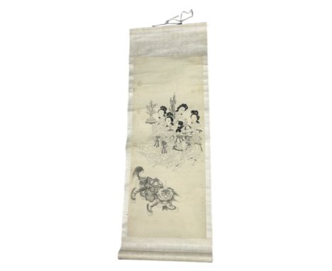 A CHINESE QING DYNASTY PAINTING ON SCROLL DEPICTING FEMALE FIGURES HOLDING CORAL ALONG WITH A QILINPainting 80cm x 32cmScroll