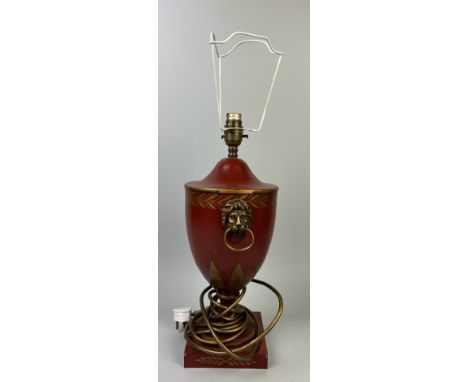 A RED REGENCY STYLE TOLEWARE TABLE LAMP WITH LION HEAD HANDLES39cm H