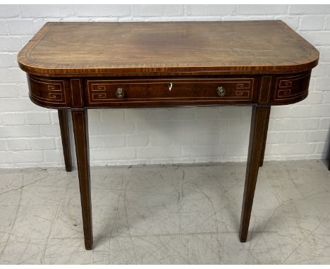 A REGENCY MAHOGANY CARD TABLE WITH MARQUETRY INLAID GREEK KEY99cm x 97cm x 73cm when open.