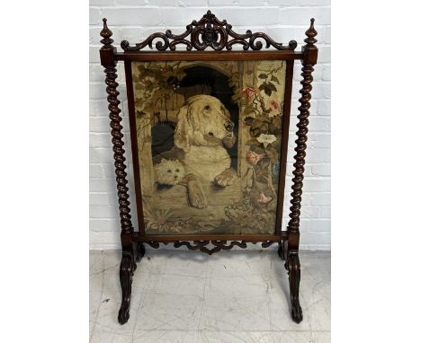 A VICTORIAN MAHOGANY FIRE SCREEN WITH EMBROIDERED PANEL DEPICTING A DOG115cm x 71cm