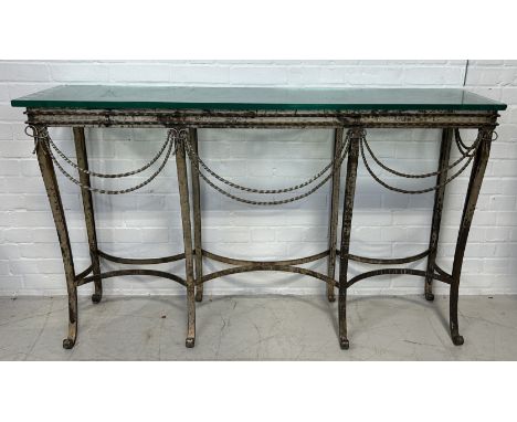 A LARGE REGENCY STYLE WROUGHT IRON CONSOLE TABLE WITH HEAVY GLASS TOP152cm x 91cm x 38cm