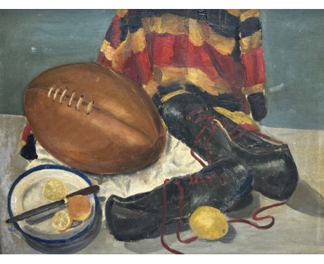 RUGBY INTEREST: AN OIL PAINTING ON BOARD DEPICTING A STILL LIFE WITH RUGBY KIT45cm x 35cm   Framed 50cm x 40cm