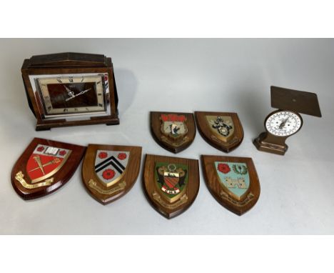 SIX COLLEGE CRESTS, TOILET MIRROR, DECO MANTEL CLOCK, SCALES,