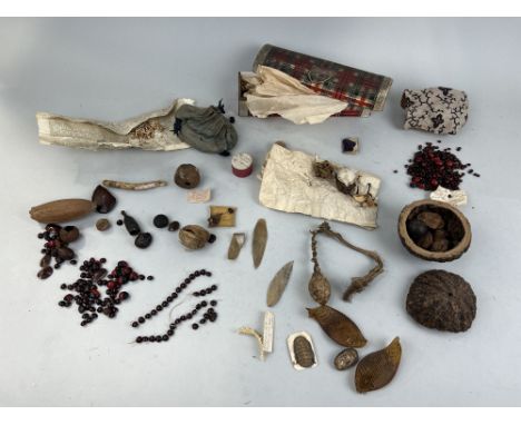 A COLLECTION OF NATURAL CURIOSITIES COLLECTED BY CAPTAIN JAMES MUDDLE, SOME WITH HANDWRITTEN LABELS TO INCLUDE:The teeth of t