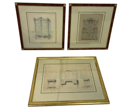 A GROUP OF THREE PENCIL SKETCHES WITH WATERCOLOUR AND WHITE HEIGHTENING DEPICTING 18TH CENTURY FRENCH FURNITURELargest drawin