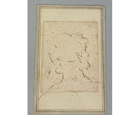 17TH CENTURY ITALIAN OLD MASTER SCHOOL: A BROWN INK DRAWING ON PAPER DEPICTING THE HEAD OF A MAN FROM BEHINDInscribed to vers