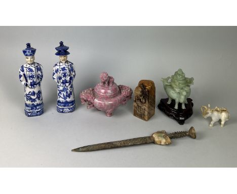 A COLLECTION OF CHINESE ITEMS TO INCLUDE AN ARCHAISTIC STYLE DAGGER, SOAPSTONE SEAL WITH A POEM, PINK STONE CENSER (7)Soapsto