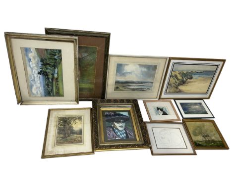 A COLLECTION OF LANDSCAPE WATERCOLOURS, PENCIL DRAWING OF CATS, OIL PAINTING DEPICTING SHIPS (10)Each framed, mostly glazed.L