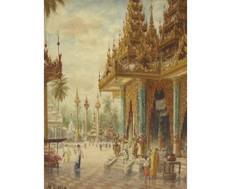 MG TUN HLA (BURMESE 1874-1946): A WATERCOLOUR PAINTING ON PAPER DEPICTING 'THE SHWEDAGON PAGODA', RANGOON, BURMA/MYANMARWith 