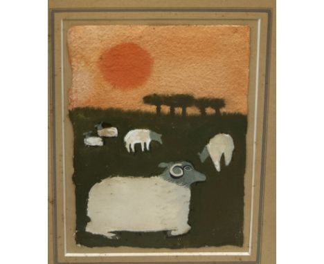 MARY FEDDEN (BRITISH 1915-2012): A GOACHE AND COLLAGE ON PAPER 'SHEEP AT SUNSET'Signed bottom right and dated 1987.Provenance