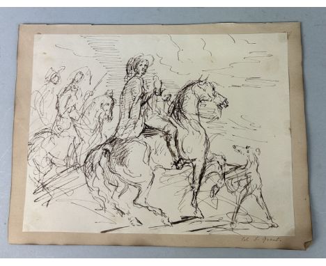 SIR FRANCIS GRANT P.R.A., R.S.A. (BRITISH 1803-1878): AN INK DRAWING ON PAPER DEPICTING HUNTSMAN ON HORSEBACK23.5cm x 17.5cmS