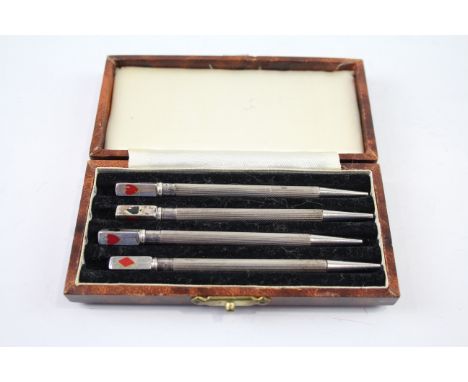 FOUR .925 STERLING SILVER CRIBBAGE PENCILS WITH ENAMEL, BOXEDWeight: 25gms 