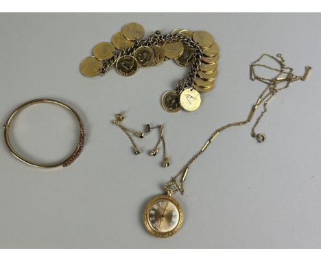 A GOLD TONE METAL BRACELET WITH 1930'S FARTHINGS ALONG WITH AN ATLANTA GENEVE POCKET WATCH, 9CT GOLD BRACELET WITH METAL CORE