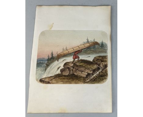 CORNELIUS KRIEGHOFF (DUTCH-CANADIAN 1815-1872): A RARE WATERCOLOUR PAINTING ON PAPER DEPICTING A TRAPPER CARRYING A CANOE UP 