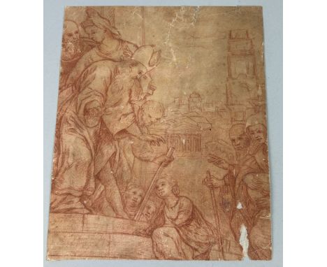 18TH CENTURY ITALIAN OLD MASTER: A RED CHALK DRAWING DEPICTING FIGURES WITH A CITY IN THE BACKGROUND24cm x 20cmInscribed indi