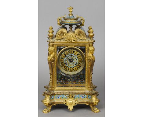 A 19th century champleve enamel decorated ormolu mantel clock
46 cm high. CONDITION REPORTS: Glass to back door cracked, some