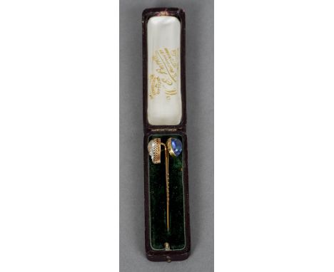 Two yellow metal stick pins
One set with a pearl, the other set with an opal, one stamped 9 ct., in fitted case for W.E. Barr