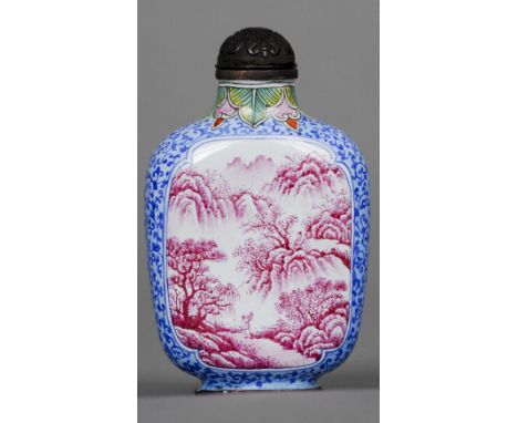 A Canton enamel snuff box
Decorated with vignettes of a figure on a bridge, the underside with blue painted character mark.  