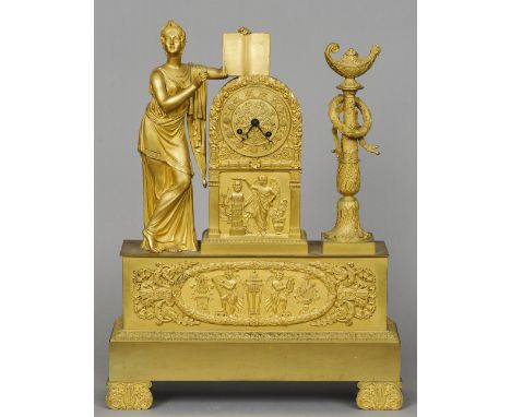 A 19th century French Empire style ormolu mantel clock
48.5 cm high. CONDITION REPORTS: Overall good, some patination wear.