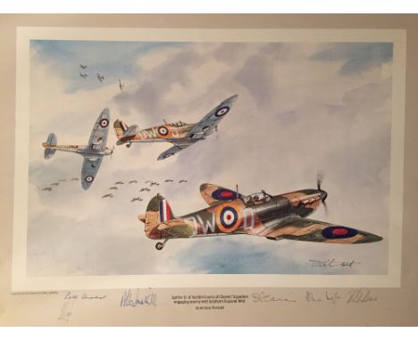 After ANTHONY THEOBOLD (20th/21st century) British
Spitfire 1's of no. 610
Print
Bearing signatures of six Battle of Britain 