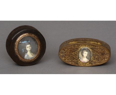 An 18th century French pressed tortoiseshell portrait miniature mounted snuff box
Together with an oval gilt metal portrait m