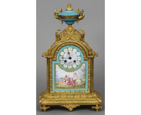 A 19th century French Sevres style porcelain mounted ormolu mantel clock
43.5 cm high. CONDITION REPORTS: Urn finial loose, s