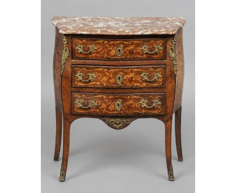 A late 19th/early 20th century Continental marble topped marquetry inlaid bombe commode chest
The shaped top above an arrange