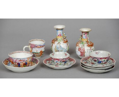 A quantity of small 19th century Canton porcelain 
Including a pair of small baluster vases with dragon form handles and deco