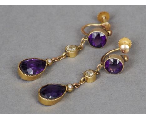 A pair of 9 ct gold, diamond, amethyst and seed pearl ear pendants
Each 3.5 cm long. CONDITION REPORTS: Overall good, some ge
