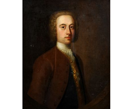 Attributed to THOMAS HUDSON (1701-1779) British
Portrait of a Gentleman, half-length, wearing a brown jacket and green overco