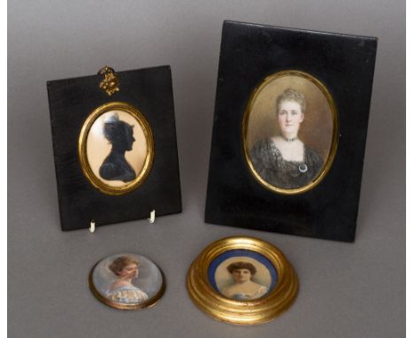 Thee early 20th century painted portrait miniatures 
A study of lady, one initialled JK; together with a Victorian silhouette