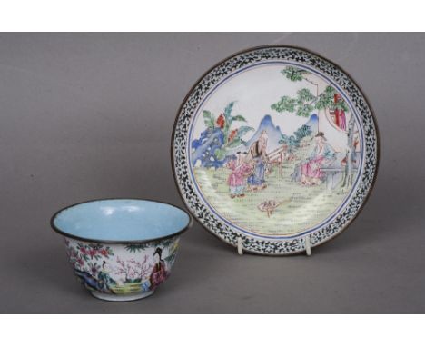 A 19th century Canton enamel bowl and saucer
Each decorated with various figures in landscapes.  The saucer 16.5 cms diameter