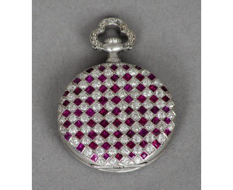 A lady's white metal diamond and ruby circular fob watch, the movement numbered 49774,the dial inscribed Tiffany & Co.
The wa