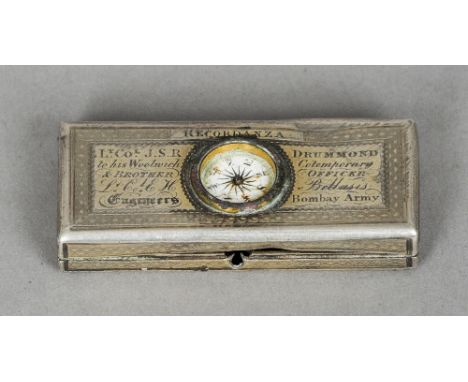 A 19th century unmarked silver toothpick box
The lid inset with a compass and with presentation inscription for Lieutenant Co