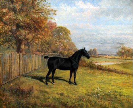 JAMES CLARK (19th/20th century) British
Black Hunter in a Rural Landscape
Oil on canvas
Signed and inscribed
60 x 49.5 cm, fr