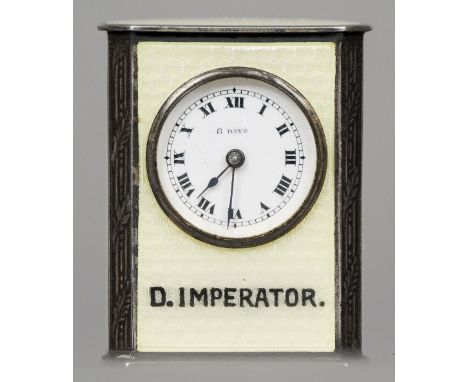 A Continental 900 silver yellow enamel decorated miniature mantel clock
The front inscribed D. IMPERATOR.  4 cm high. CONDITI