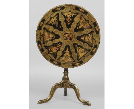 A chinoiserie lacquered Georgian tilt top tripod table
The black ground with gilt and iron red decoration.  68 cm diameter.