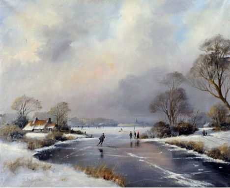 CONTINENTAL SCHOOL (20th century)
Dutch Winter Landscape with Figures
Oil on canvas
Signed
61 x 51 cm, unframed, (a pair) (2)
