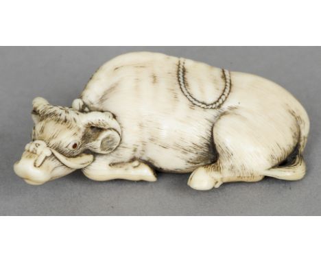 A carved ivory netsuke Formed as an ox, the underside signed. 5.5 cm wide. CONDITION REPORTS: Overall good, some slight stain